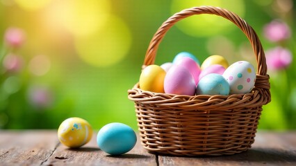Naklejka premium A woven wicker basket filled with pastel-colored Easter eggs