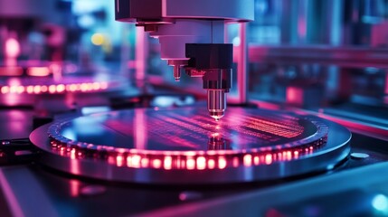 A robotic wafer handler operates in a semiconductor manufacturing plant, meticulously placing silicon wafers in a precision environment illuminated by vibrant lights.