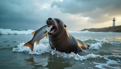 Seal emerging from ocean waves with a fish in its mouth, dramatic coastal setting, nature's struggle and survival concept.