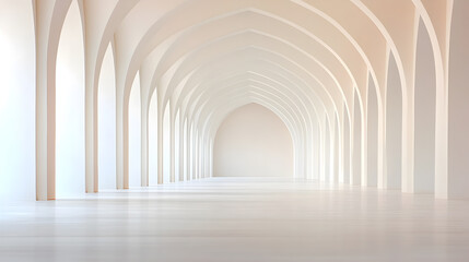 Stunning architectural hallway with repeating white arches and soft illumination. Suitable for faith-based designs, abstract beauty, and peaceful settings. Selective focus
