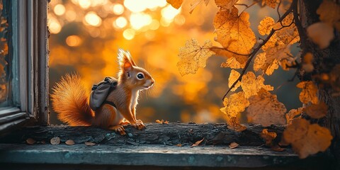 Silly and Energetic Little Squirrel With a Tiny Backpack, Standing on a High Tree Branch, Looking Brave, Excited, and Ready to Explore