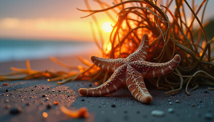 Starfish nestled under seaweed at sunset on a deserted beach, tranquil coastal retreat concept.