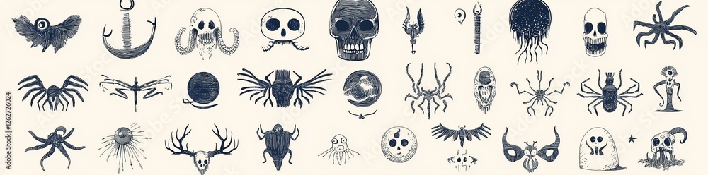Poster abstract retro and groovy icons in hand-drawn grungy punk linocut shapes. charcoal marker scribbles 