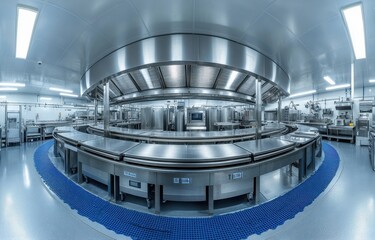 Modern industrial kitchen with advanced stainless steel equipment and spacious layout