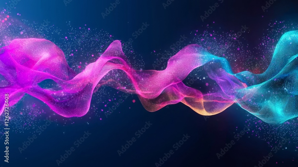 Poster the design showcases a wavy, evolving background with elements of technology, digital communication,