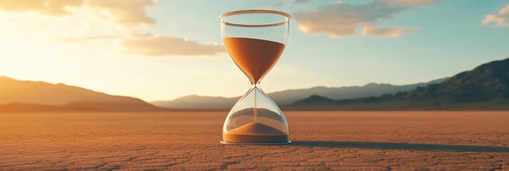 Hourglass sits on cracked dry earth in a vast desert landscape as the sun sets behind distant mountains, symbolizing the passage of time and the choices we make