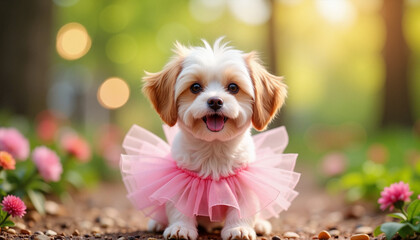 Adorable small dog wearing a pink tutu, playfully posing in a colorful garden during daylight, whimsical and joyful concept.