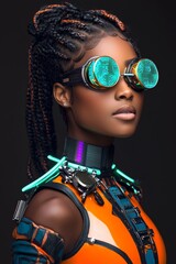 Obraz premium A glamorous fashion portrait features a seductive woman with futuristic sunglasses and advanced plastic clothes, set against a dark black background