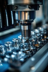 Close-up of machining equipment in an advanced industrial factory setting