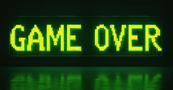 Glowing digital sign displaying Game Over in bold pixelated green letters, mounted on a dark background, evoking a retro gaming aesthetic with a nostalgic arcade feel