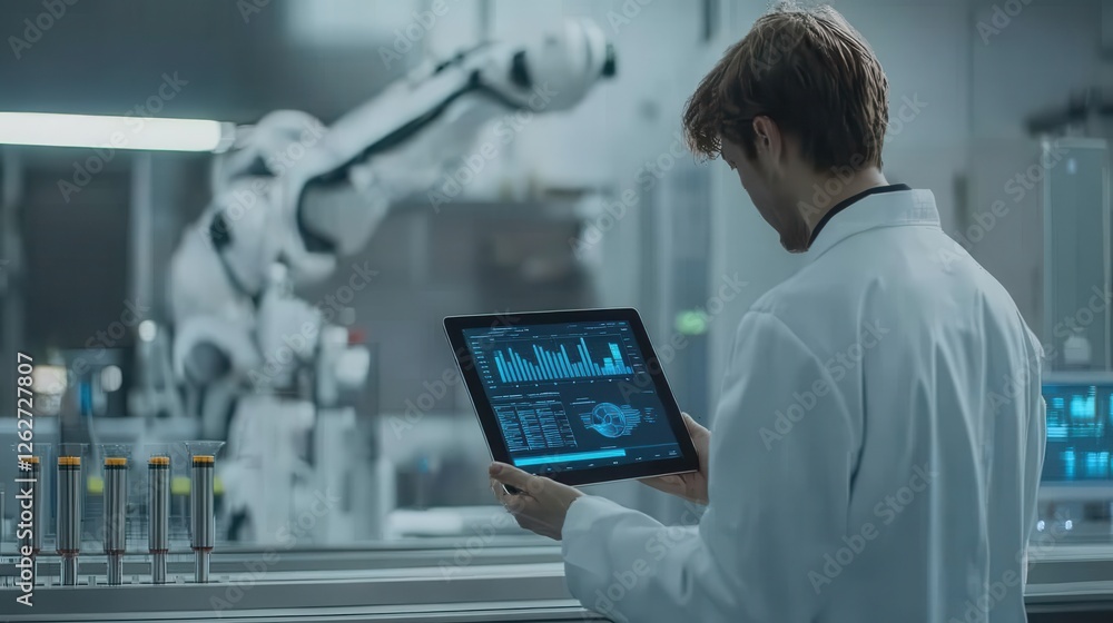 Poster scientist monitoring robotic arm data on tablet in advanced laboratory