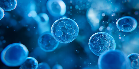 Microscopic cells floating in blue liquid
