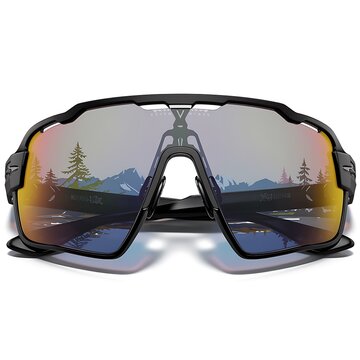 Black frame sports sunglasses with mirrored lenses reflecting a mountain landscape. The lenses show trees and peaks. Modern, stylish design.