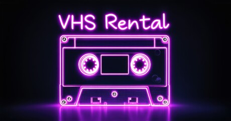 Glowing neon sign displaying VHS Rental in bold vibrant purple letters, mounted on a dark background, evoking nostalgia for retro video stores and classic home entertainment