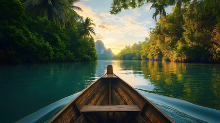 Wooden boat sailing through tranquil tropical river, surrounded by lush greenery and sunset glow on the horizon, invoking peace.