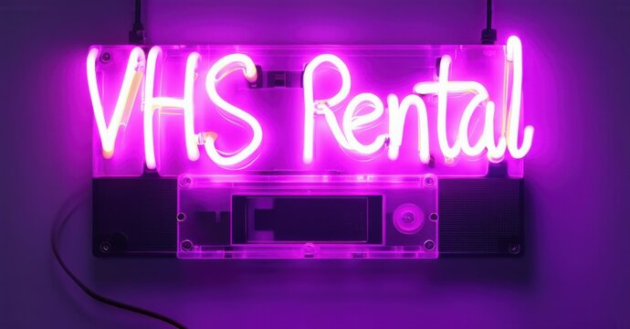 Glowing neon sign displaying VHS Rental in bold vibrant purple letters, mounted on a dark background, evoking nostalgia for retro video stores and classic home entertainment - Powered by Adobe