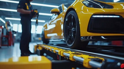 Fototapeta premium Mechanic working on a yellow sports car in a modern automotive workshop with tools
