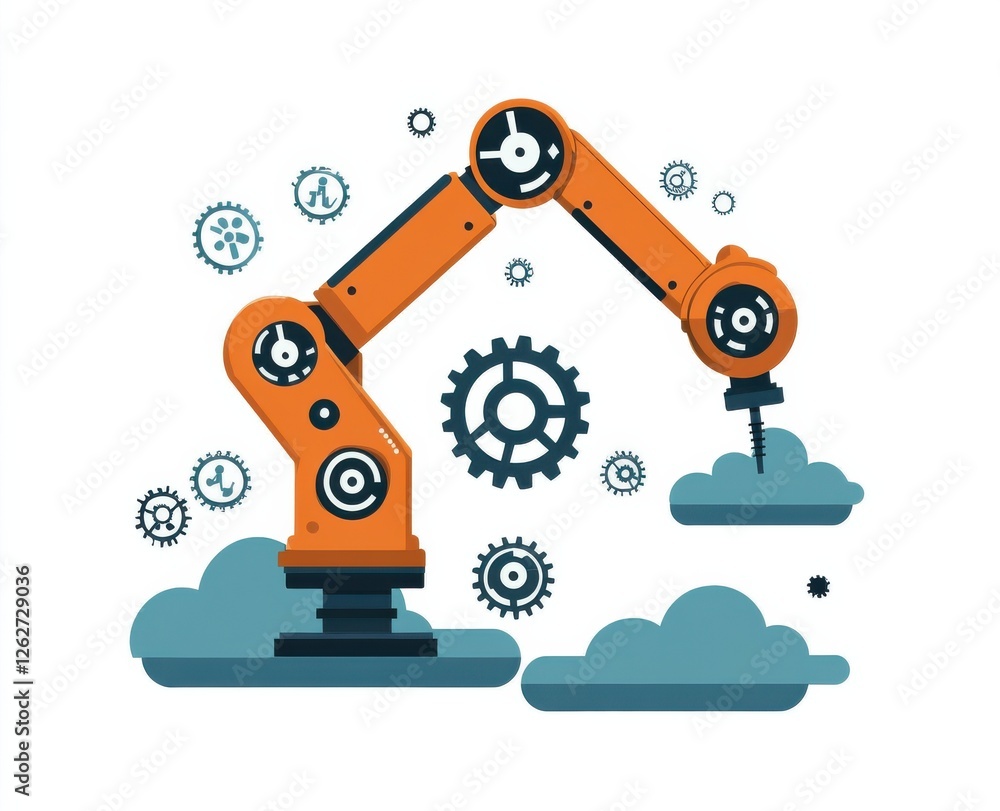 Aufkleber orange robotic arm assembling gears in a creative abstract industrial setting