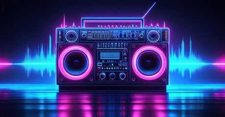 Boombox beats with a neon speaker and pulsing soundwaves. The retro-futuristic design glows in electric blue and pink, featuring vibrant audio levels and detailed controls