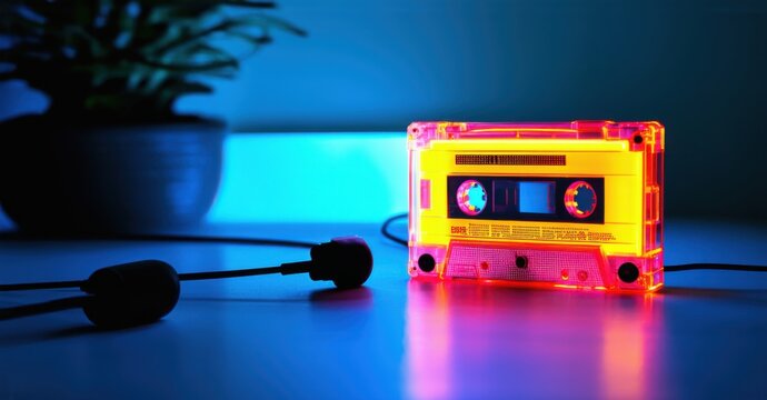 Glowing analog dreams with a vibrant neon cassette tape. The retro-inspired design radiates nostalgia, featuring a transparent case illuminated by warm and cool lighting - Powered by Adobe