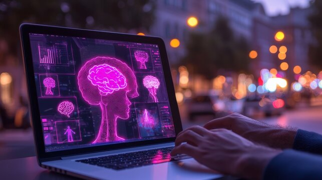 A man is using his laptop to search for technology, smart open AI, or stock information with the assistance of a stock chatbot