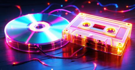 Glowing neon CD and cassette tape rest on a wooden surface, radiating electric blue, pink, and...