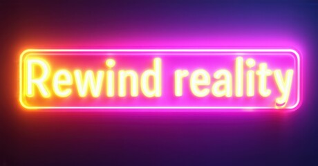 Rewind reality neon sign glowing in vibrant yellow and pink tones. Futuristic retro aesthetic with a VHS-inspired glow, evoking nostalgia and digital dreamlike ambiance