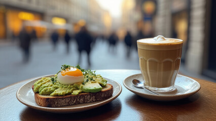 Café Table with Avocado Toast and Coffee