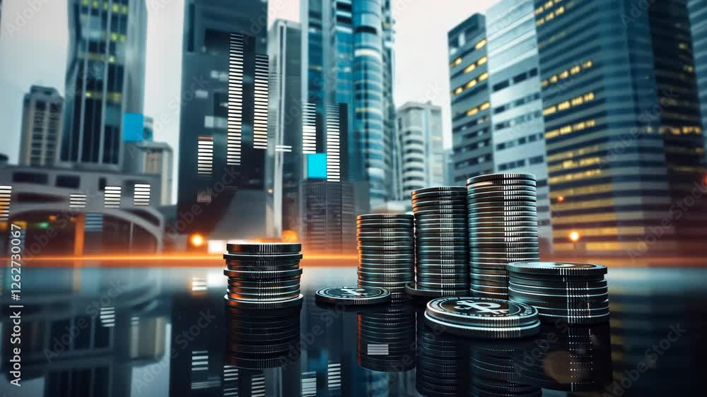 Aufkleber modern financial district with stacks of coins and stock market data visualization in a dynamic urba