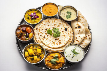 Indian food thali on a white background