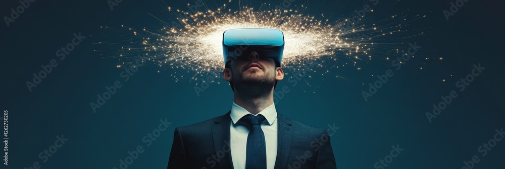 Poster businessman wearing a vr headset, overwhelmed by an explosion of information, illustrating the chall