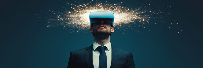 Businessman wearing a vr headset, overwhelmed by an explosion of information, illustrating the challenges of data overload and stress in the digital age