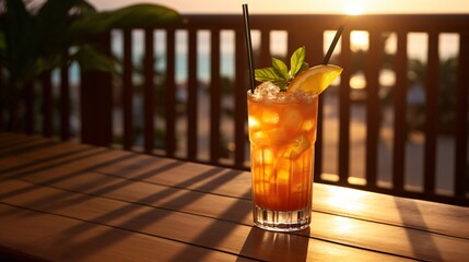 Refreshing Mai Tai Cocktail on Wooden Board