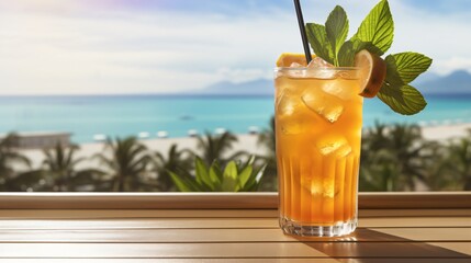Tropical Mai Tai Cocktail on Wooden Board in Hotel