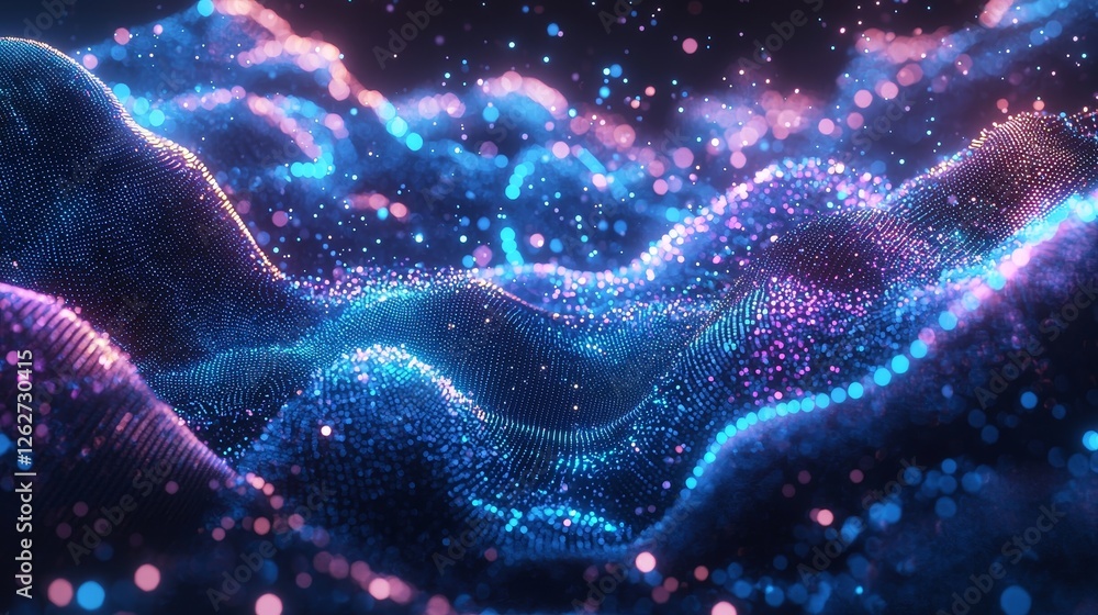 Poster background featuring wave particle technology, with a blue curve representing business technology an