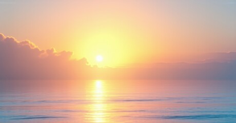 Fototapeta premium Step by Step golden sunrise over a tranquil ocean reflecting soft warm light. Gentle waves ripple under a pastel sky blending orange, pink, and blue hues in peaceful scenery