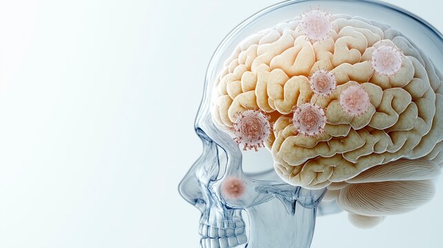 Human brain with virus illustration depicting potential health impacts and biological processes of infection