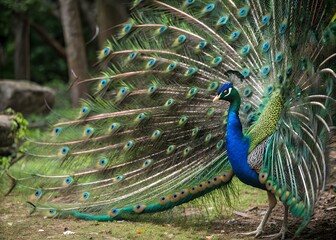 Fototapeta premium A striking peacock showcases its colorful plumage in a verdant garden while sunlight filters through the trees. The vivid hues mesmerize onlookers, creating a captivating sight.
