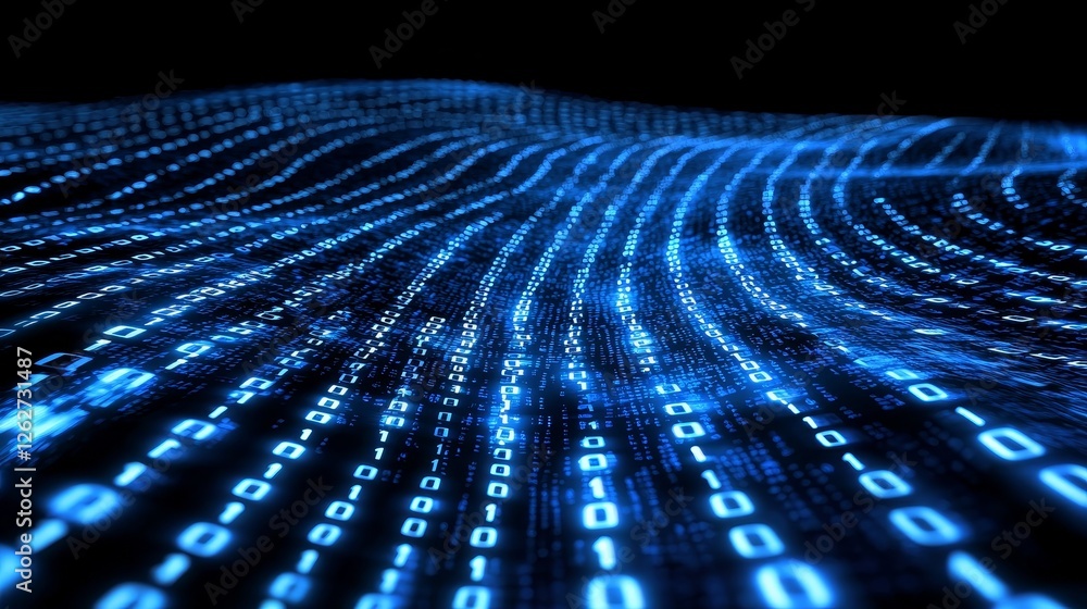 Poster flowing binary data, streaming along a digital highway - digital code route concept.