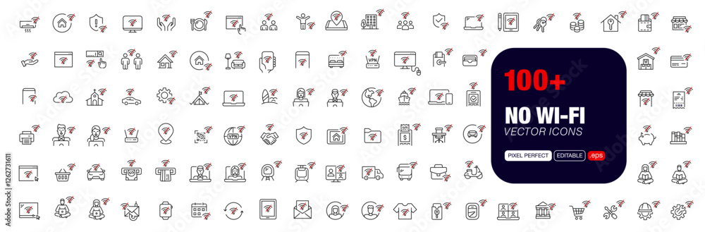 Aufkleber 100+ no wi-fi connection icons set. smart devices, identification failed and access errors. pixel pe
