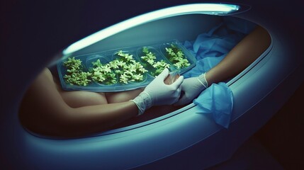 Woman in a futuristic spa pod undergoing a floral treatment