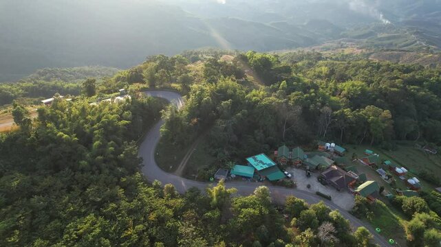 Aerial view from drone of the rural village and mountain road