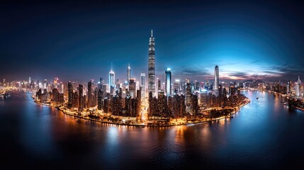 Fototapeta premium Aerial night view of illuminated city island. Possible use stock photo