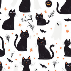 A black cat Halloween pattern with mischievous cats and floating ghosts