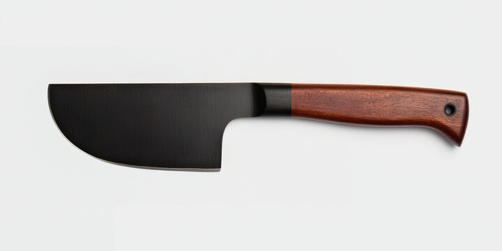 A sleek, black knife with a wooden handle, perfect for culinary tasks and kitchen preparation.