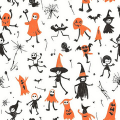 A spooky trick-or-treat silhouette pattern with kids dressed as witches, ghosts, and skeletons