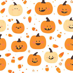 A kawaii Halloween pumpkin pattern with adorable smiling faces and tiny candy corns