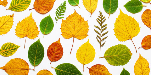 Colorful Foliage Background with Mixed Leaves,Multicolor Leaf Arrangement on Light Surface