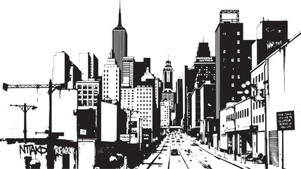 Obraz premium City landscape. Different buildings on street, outline cityscape hand sketch, flat houses. Hand drawn vector illustration