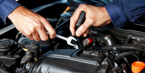 Obraz premium In an auto repair shop, mechanics are using a wrench to service and maintain car engines, illustrating the concept of car service and maintenance checks.